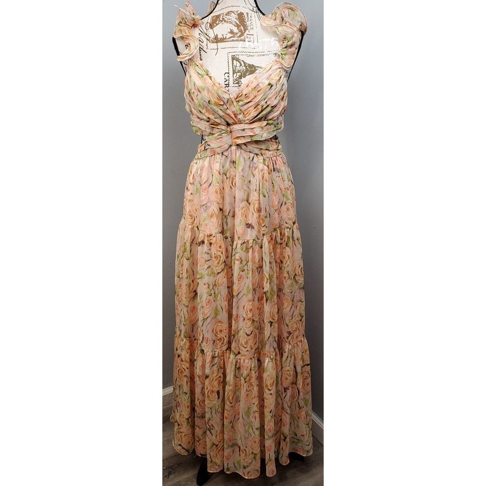 ASTR The Label Tiered Maxi Dress Womens S Multi Floral Backless Ruffled Back Zip